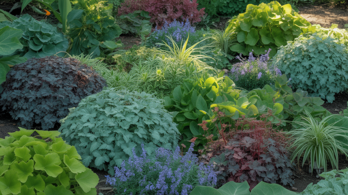 Les plantes couvre-sol : alliées pour un jardin sans mauvaises herbes Illustration of ground cover plants forming a dense vegetative carpet to suppress weeds.
